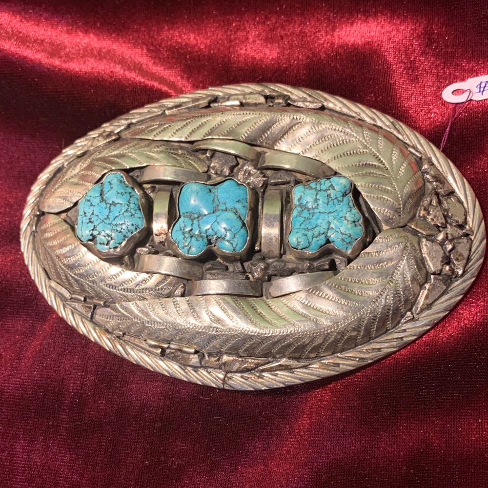 Silver and Turquoise Belt Buckle Native American inspired Navajo Style, BOLD!!